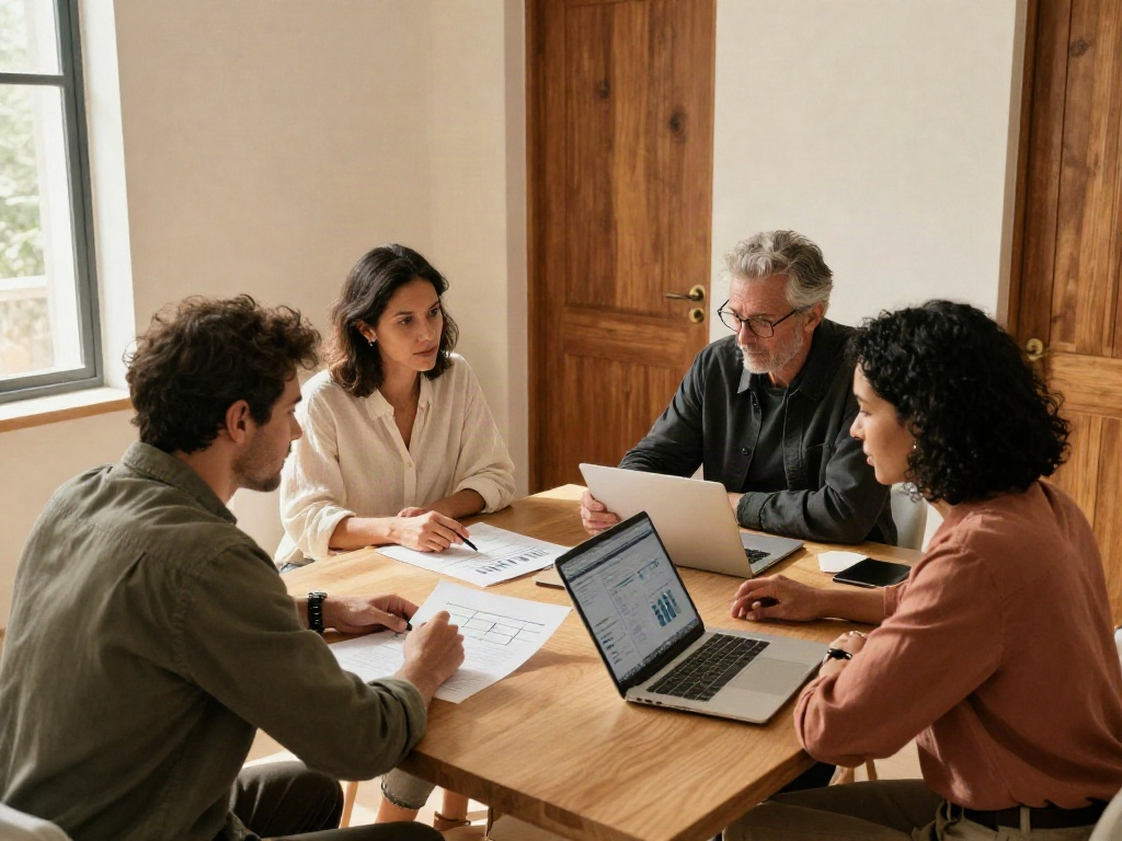 Consulting team reviewing business charts together in a sunlit meeting room