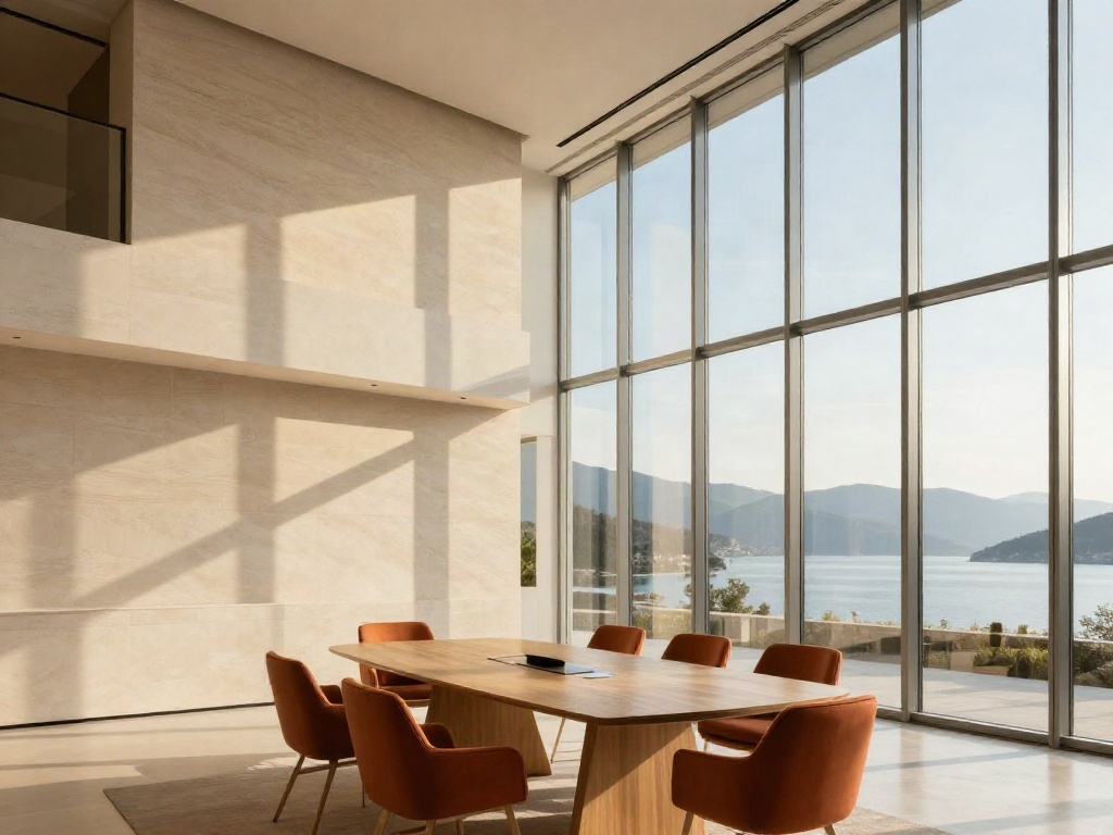 Sunlight illuminating a contemporary boardroom with warm oak furniture and a Mediterranean outlook